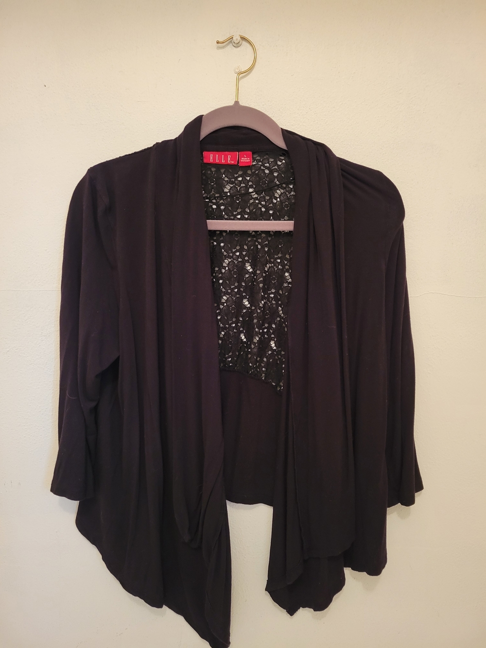 Elle Black Draped Open-Front Cardigan with Lace Back